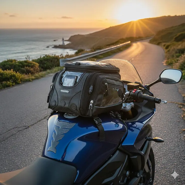 A premium magnetic tank bag for motorcycles mounted on a sport touring bike during a scenic road trip.