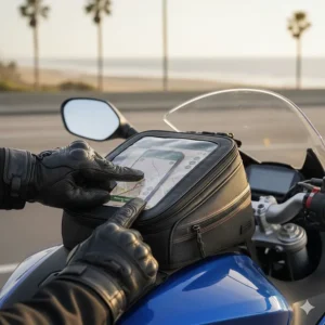Illustration of a rider using a smartphone through the clear touchscreen-friendly top pocket of a small tank bag.