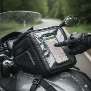 A rider using a smartphone through the transparent window of a waterproof tank bag.