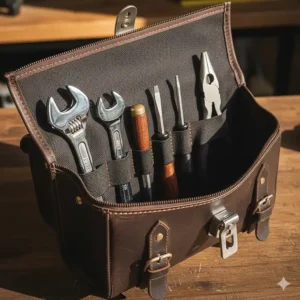 Interior view of a motorcycle tool bag with organized loops holding wrenches, screwdrivers, and pliers.
