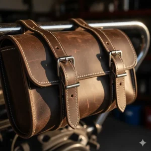 Detailed illustration of adjustable heavy-duty mounting straps for a universal fit motorcycle tool bag.