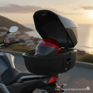 A rear-mounted motorcycle top case opened to show enough capacity for storing a full-face helmet.