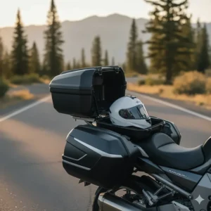 A rear-mounted motorcycle touring bag top case providing secure helmet storage.