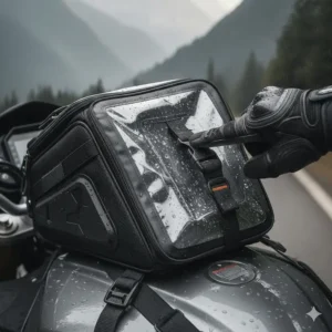 Demonstration of the quick-release clip for easy removal of the motorcycle tank bag.