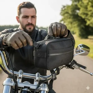 A rider detaching a quick-release motorcycle handlebar pouch from the bike frame.
