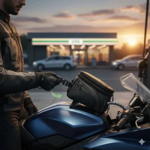 Action illustration showing a rider easily detaching a small motorcycle tank bag during a fuel stop.
