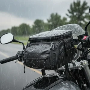 A rainproof motorcycle handlebar bag with sealed zippers during wet weather conditions.