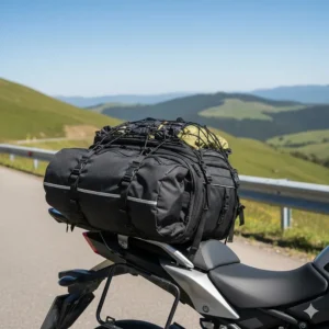 Securely fastened rear motorcycle tail bag providing extra storage capacity for multi-day trips.