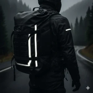 A waterproof motorcycle backpack with high-visibility reflective strips illuminated during night riding.