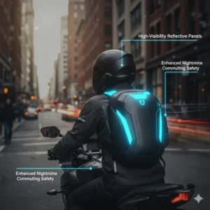 Illustration highlighting the high-visibility reflective panels on a motorcycle backpack for nighttime commuting.