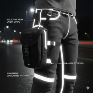 Illustration of a motorcycle leg bag with high-visibility reflective strips for night riding safety.