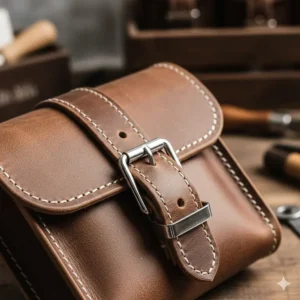 Close-up highlighting the reinforced double-stitching and rust-proof buckles on a vintage motorcycle tool roll.