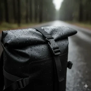 Detailed view of a roll-top closure system on a motorcycle bag ensuring a 100% watertight seal.