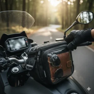Small motorcycle handlebar bag for easy access to essentials like sunglasses and wallets during long rides.