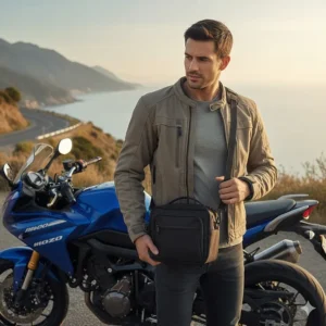 Illustration showing a small motorcycle tank bag being carried as a shoulder bag or backpack using detachable straps.