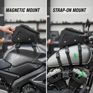 Comparison illustration showing magnetic and strap-on mounting systems for a small motorcycle tank bag.