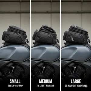 Different sizes of motorcycle tank bags ranging from small 5-liter bags to large expandable versions.