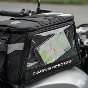 A smartphone inside the transparent touchscreen-friendly top compartment of a motorcycle bag.