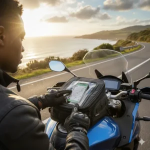 A rider using a smartphone through the transparent, touchscreen-friendly top pocket of a motorcycle tank bag.