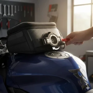 A mechanical tank ring locking system that allows for fast attachment and removal of a motorcycle tank bag.