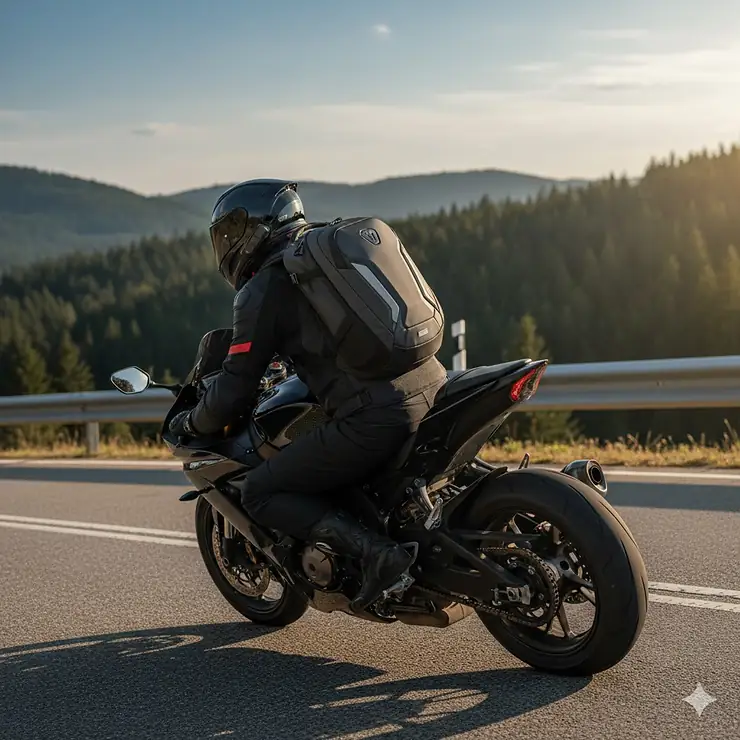 A motorcyclist wearing a top rated motorcycle backpack while riding a sportbike on a winding road. top rated motorcycle backpacks