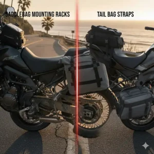 A complete touring setup featuring a large motorcycle tail bag stacked with side saddlebags for long-distance travel.