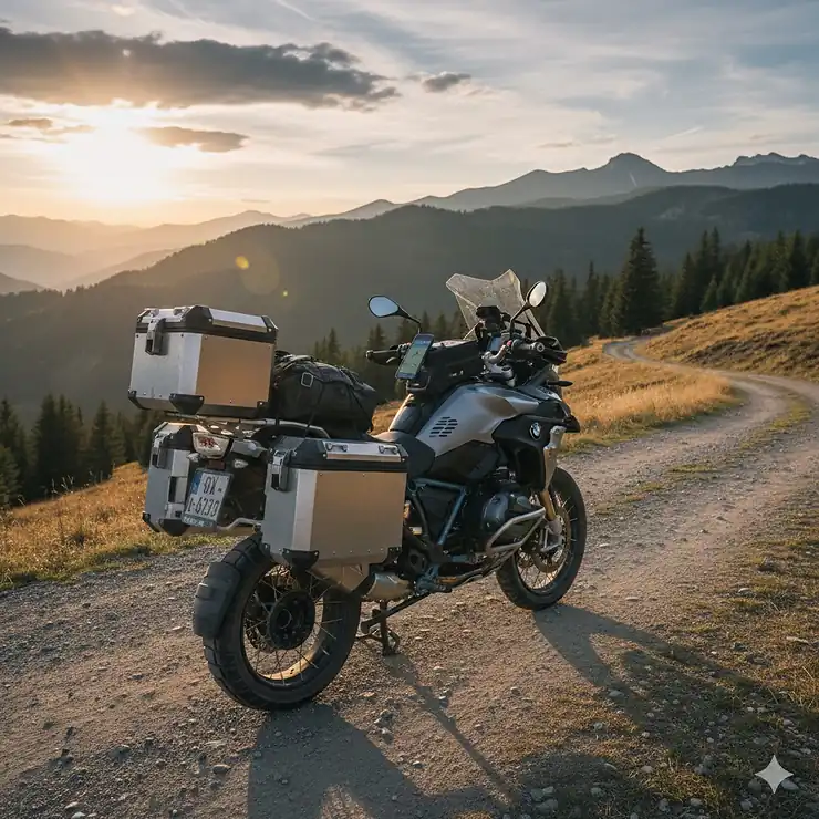 A fully equipped adventure touring motorcycle with aluminum panniers and a top box on a scenic mountain road. motorcycle luggage guide