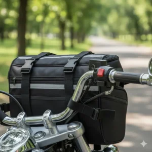 Close-up of adjustable mounting straps on a universal motorcycle handlebar bag.