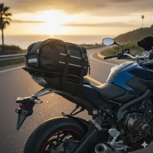 A universal rear tail bag securely strapped to the pillion seat of a sport-touring motorcycle.