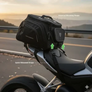 Illustration showing the universal strap and buckle system of a motorcycle tail bag.