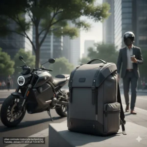 A minimalist, stylish motorcycle backpack suitable for office commuting and professional environments.
