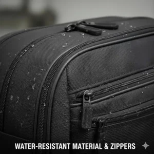 Close-up of ballistic nylon and waterproof zippers on a premium motorcycle tank bag.