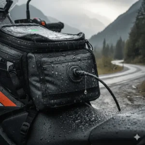 A waterproof cable port on a motorcycle tank bag for charging electronics while riding.