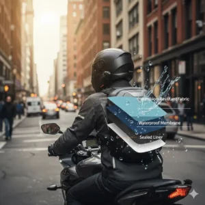 A diagram of the multi-layer waterproof construction of a commuter motorcycle bag.