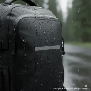 Close-up illustration of water beads rolling off a waterproof top rated motorcycle backpack.