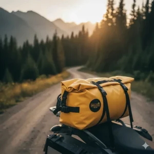 A heavy-duty PVC waterproof motorcycle touring bag rolled and buckled for weather protection.