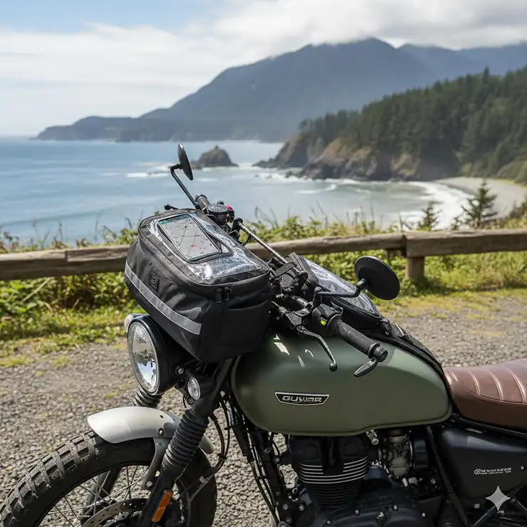 A waterproof black motorcycle handlebar bag mounted on a cruiser bike in an outdoor setting.