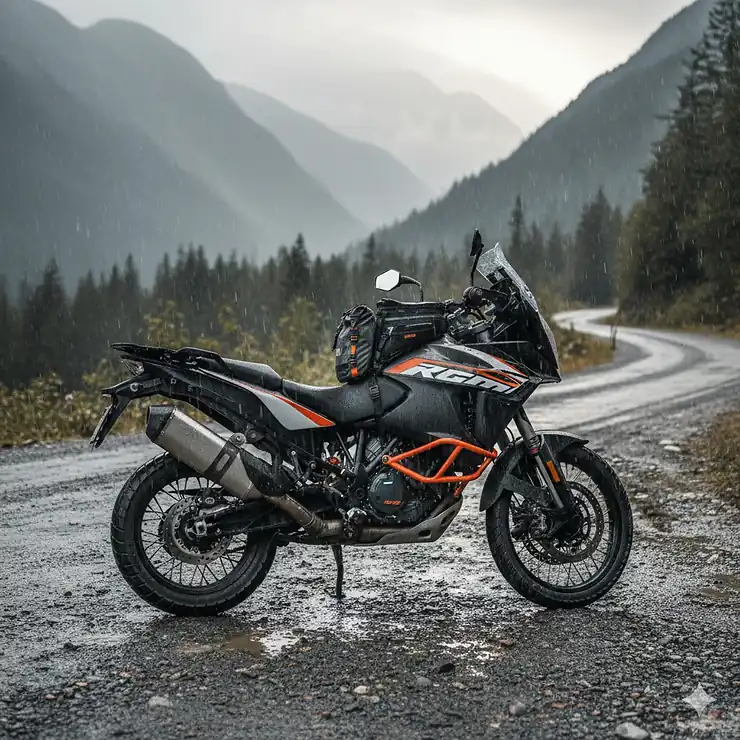 A rugged waterproof motorcycle tank bag mounted on a dual-sport bike during a rainy ride.