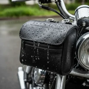 Close-up of a waterproof synthetic leather tool bag with water droplets beading off the surface.