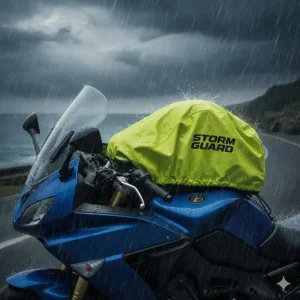 An illustration of a fluorescent yellow waterproof rain cover fitted over a tank bag for motorcycles during wet weather riding.