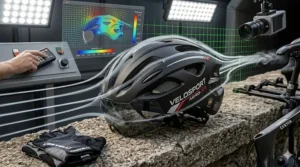Illustration of an aerodynamic sport helmet undergoing wind tunnel testing to minimize drag.