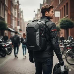 Illustration of a rider wearing an anti-theft motorcycle backpack with ergonomic security straps.