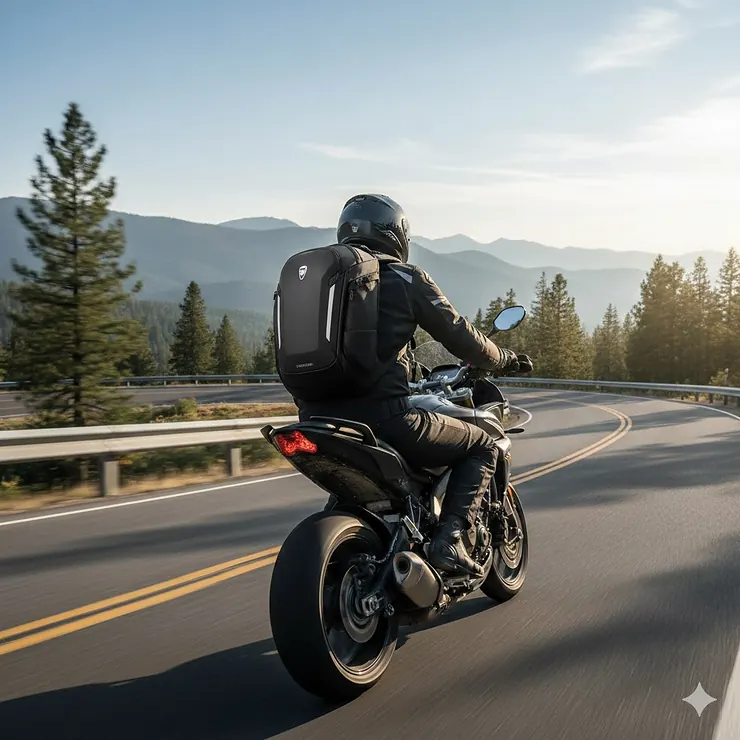 A motorcycle rider wearing a black aerodynamic cheap motorcycle backpack while riding on a scenic highway.