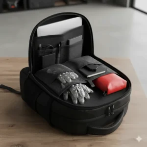 The interior organizational pockets of a cheap motorcycle backpack including a laptop sleeve.