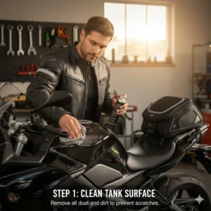 Illustration showing a rider wiping a fuel tank to remove grit before attaching a bag to ensure no scratches occur.