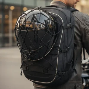 Close-up of a motorcycle backpack featuring an expandable mesh net holding a matte black helmet.