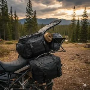 A large motorcycle tail bag in its expanded state to increase storage volume for camping gear.