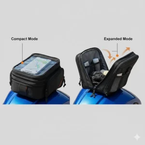 An illustration demonstrating the expandable storage compartments of a universal magnetic tank bag.