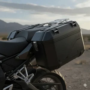 Durable waterproof hard shell motorcycle saddle bags with a matte black finish.