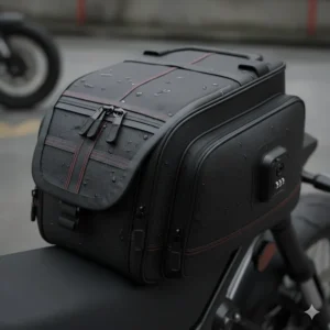 Top-down view illustration of hidden, lockable zippers on a waterproof motorcycle bag.